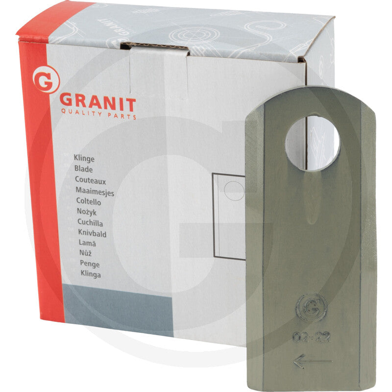 Granit mower blade right for Kuhn, pack of 25, gray metal blade beside Granit box