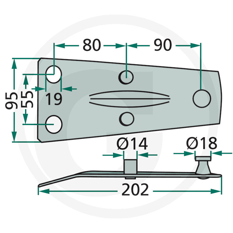 Granit blade holder illustration with mounting bracket and Ø14/Ø18 holes, 202 mm length