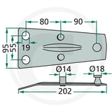 Granit blade holder illustration with mounting bracket and Ø14/Ø18 holes, 202 mm length