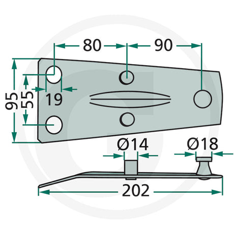 Granit blade holder illustration with mounting bracket and Ø14/Ø18 holes, 202 mm length