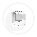 Granit Blade Pin for Lely Splendimo 320 MC, grey technical drawing showing Ø18/Ø16 diameters and 32/27/15 mm lengths