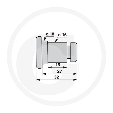 Granit Blade Pin for Lely Splendimo 320 MC, grey technical drawing showing Ø18/Ø16 diameters and 32/27/15 mm lengths