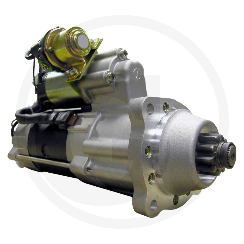 Prestolite gear reduction starter motor, 12V, 5.0kW, machinery starter with silver housing and mounted solenoid