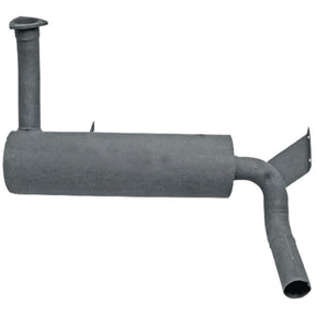 GRANIT silencer exhaust muffler, gray metal with vertical inlet pipe and curved outlet