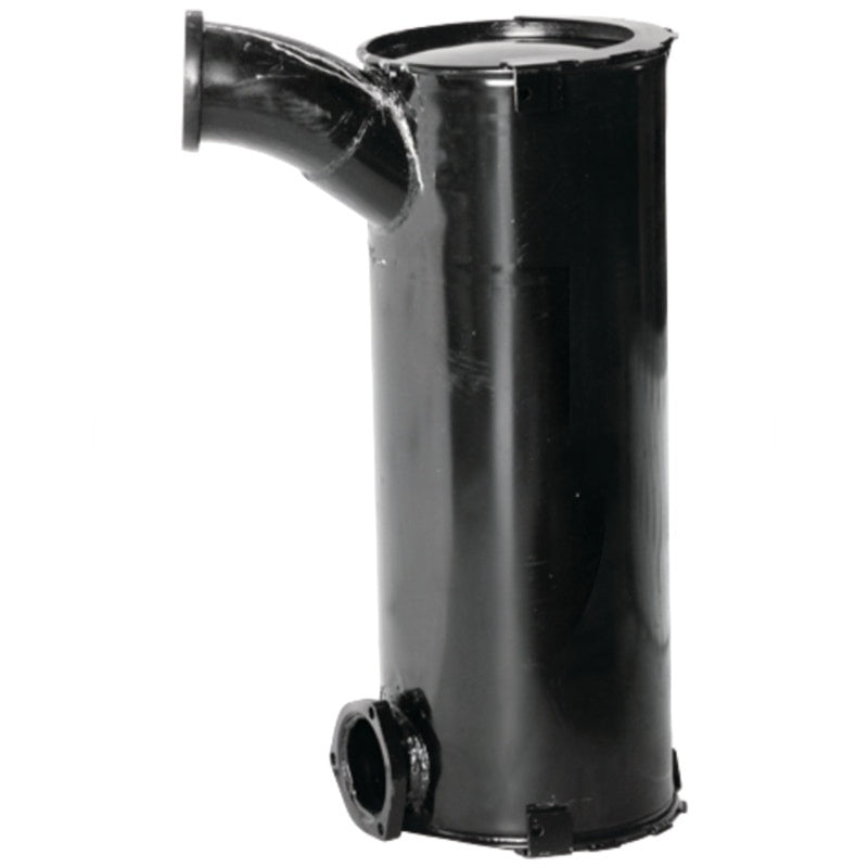 Silencer GRANIT for Fendt tractors; cylindrical black machinery exhaust silencer with side inlet pipe and bottom flange