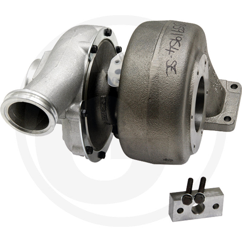 Garrett turbocharger tractor engine part with mounting flange and hardware, metallic silver and dark housing