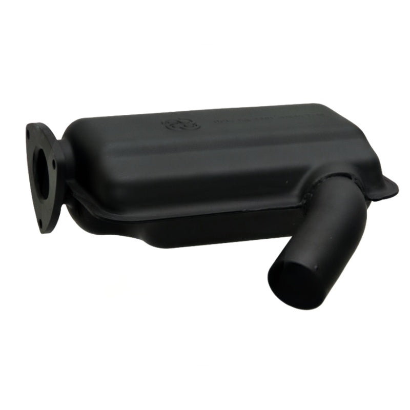 Granit exhaust silencer, black motor vehicle muffler with flange and outlet pipe.
