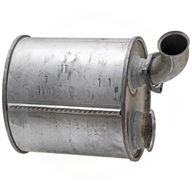 Silencer for John Deere 6600–6900 tractors; silver metal canister with top-right exhaust outlet