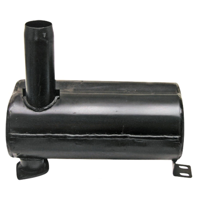 Silencer GRANIT, black cylindrical exhaust silencer with vertical outlet pipe and mounting tabs