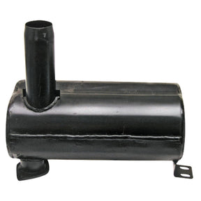 Silencer GRANIT, black cylindrical exhaust silencer with vertical outlet pipe and mounting tabs