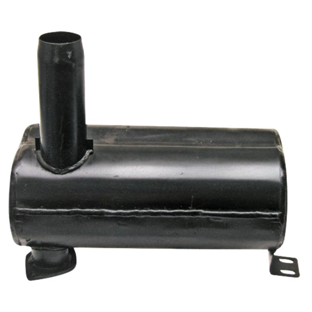 Silencer GRANIT, black cylindrical exhaust silencer with vertical outlet pipe and mounting tabs