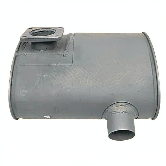 GRANIT horizontal machinery exhaust silencer, gray metal body with inlet flange and side outlet for John Deere 6010/6100