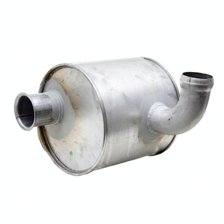 Granit machinery exhaust silencer for John Deere 6020–6920 tractors; silver metal canister with curved outlet pipe.