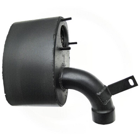 Granit exhaust silencer for Massey Ferguson 3065, black metal with curved outlet and mounting lug