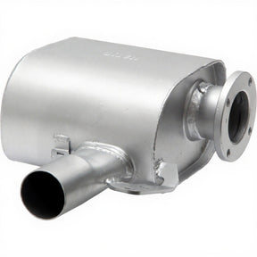 Silencer for GRANIT machinery exhaust on Case IH Farmall 65A/75A and NH TD65F/TD5.65 tractors, silver finish