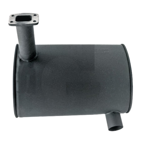 GRANIT machinery exhaust silencer, horizontal cylindrical muffler in dark gray with flange inlet and angled outlet