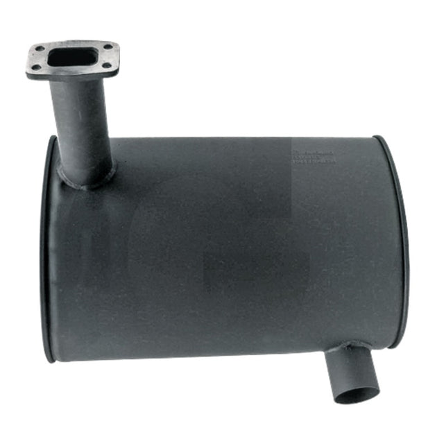 GRANIT machinery exhaust silencer, horizontal cylindrical muffler in dark gray with flange inlet and angled outlet