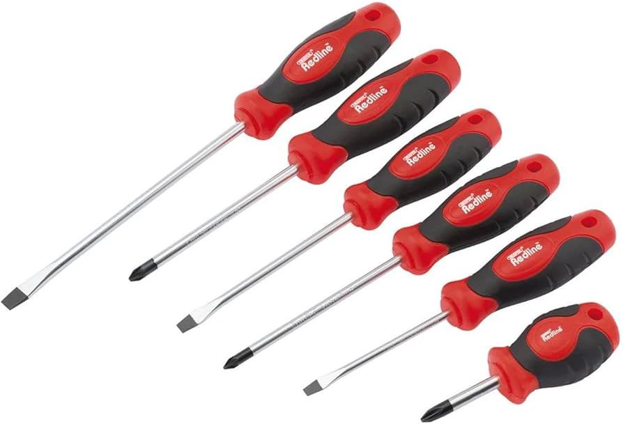 Draper Redline soft-grip screwdriver set, 6-piece with slotted, Phillips and Pozidriv tips, red/black handles