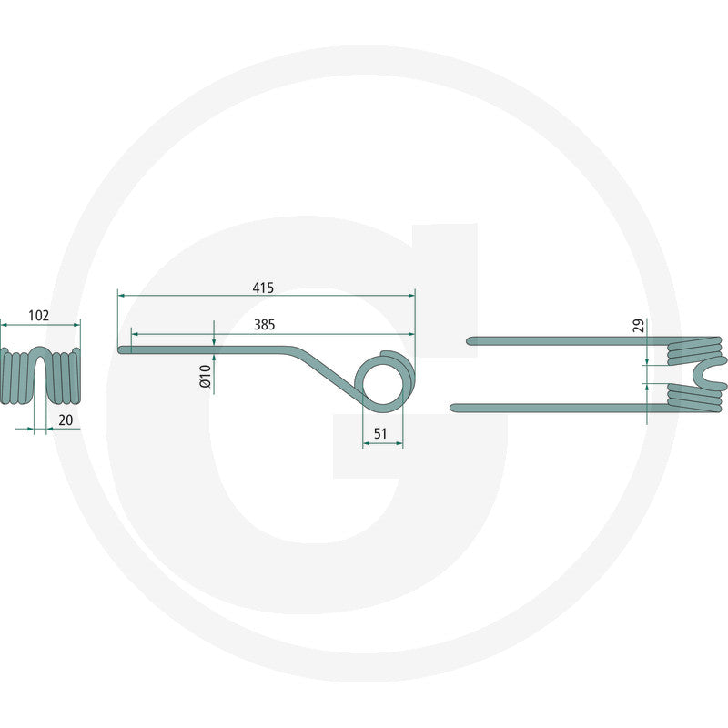 Granit Rotary Tedder Tine Right, single unit; dimensioned schematic of tine arm, curved linkage and spring
