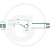 Granit Rotary Tedder Tine Right, single unit; dimensioned schematic of tine arm, curved linkage and spring