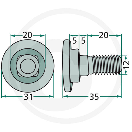 Granit flanged blade bolt with lock nut for lawn mower accessories; compatible with Taarup, Kverneland, Vicon/PZ