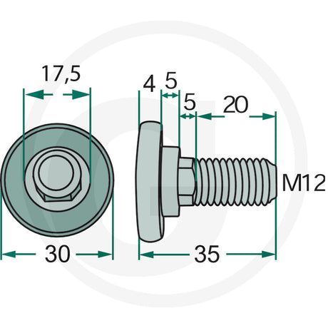 Granit blade bolt with nut, grey finish, M12 threaded lawn mower accessory, pack of 25