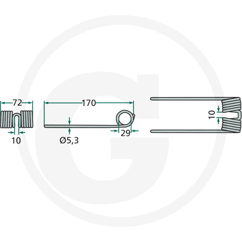 Pick-up tine GRANIT, 5.3 mm dia, 72 mm width, 170 mm length with mounting eyelet (technical drawing)