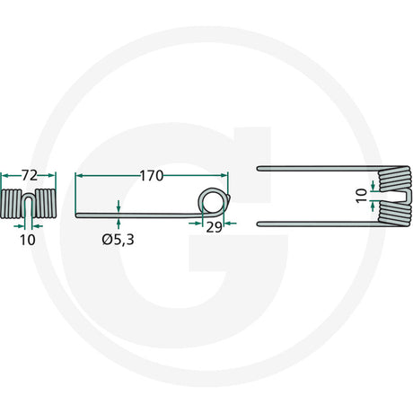 Pick-up tine GRANIT, 5.3 mm dia, 72 mm width, 170 mm length with mounting eyelet (technical drawing)