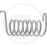 Fixing torsion spring, gray metal coil with hooked ends, designed for heavy machinery parts and accessories.