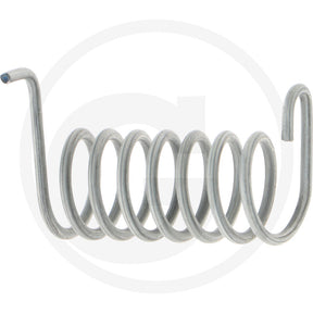 Fixing torsion spring, gray metal coil with hooked ends, designed for heavy machinery parts and accessories.