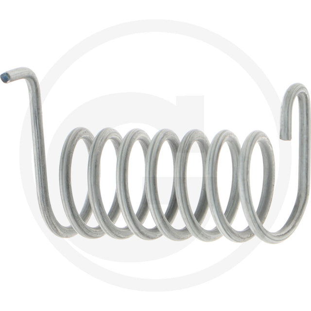 Fixing torsion spring, gray metal coil with hooked ends, designed for heavy machinery parts and accessories.