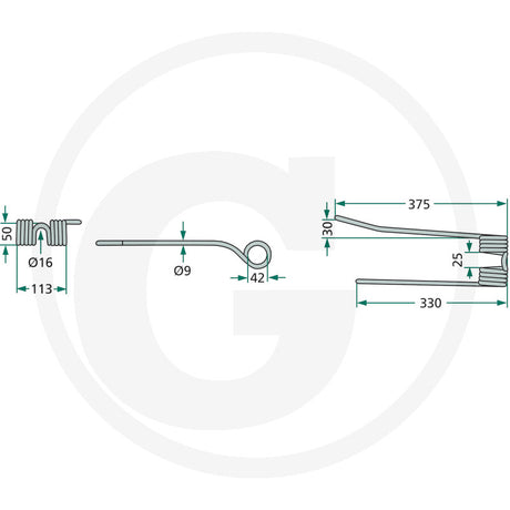Rotary Tedder Tine Right Straight schematic with dimensions, GRANIT brand, pack of 20 for Pöttinger/Vicon/PZ