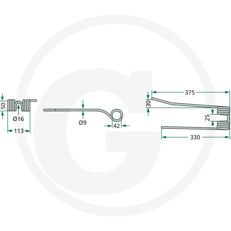 Rotary Tedder Tine right-straight component, GRANIT brand schematic with dimensions for agricultural machinery