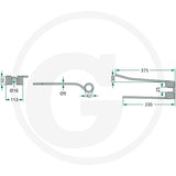 Rotary Tedder Tine right-straight component, GRANIT brand schematic with dimensions for agricultural machinery