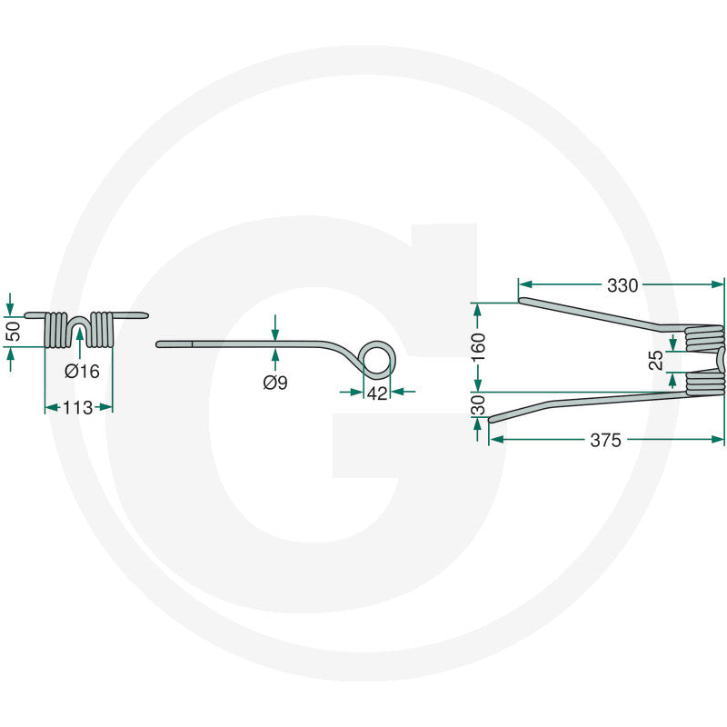 Rotary Tedder Tine 9 x 113 x 375mm schematic for agricultural machinery