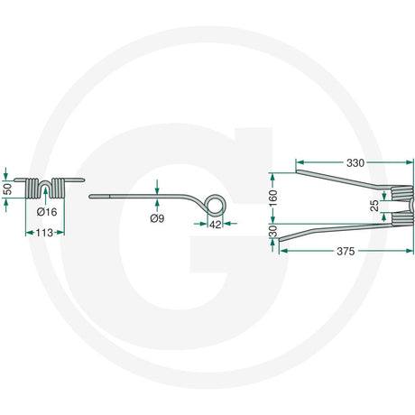 Rotary Tedder Tine 9 x 113 x 375mm schematic for agricultural machinery