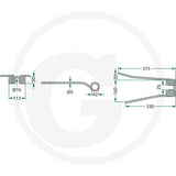 Rotary tedder tine schematic with 9x113x375 mm dimensions.