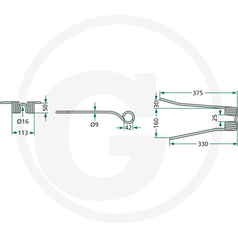 Rotary Tedder Tine 9x113x375mm, GRANIT technical diagram for agriculture machinery