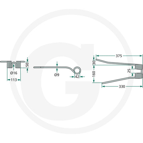 Rotary Tedder Tine 9x113x375mm, GRANIT technical diagram for agriculture machinery