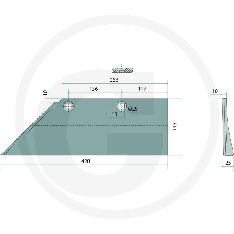 Granit Share tillage blade, teal metal with two Ø25 holes; 428x145x25 mm (56017).