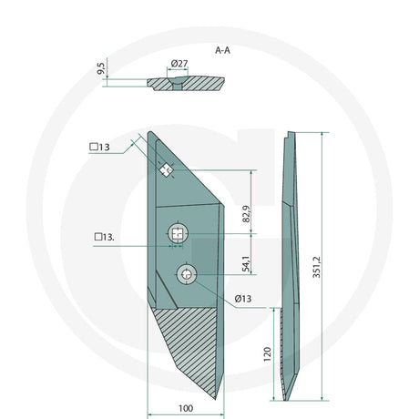 Granit Share Point tillage part 56017/3364151; steel blade with mounting holes, technical drawing