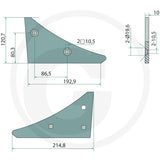 Landside wedge - teal metal tillage part with mounting holes, shown in side and plan views CAD drawing