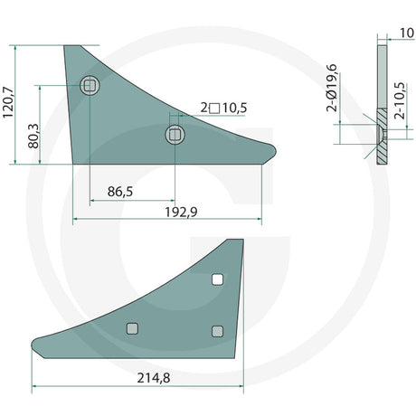 Landside wedge - teal metal tillage part with mounting holes, shown in side and plan views CAD drawing