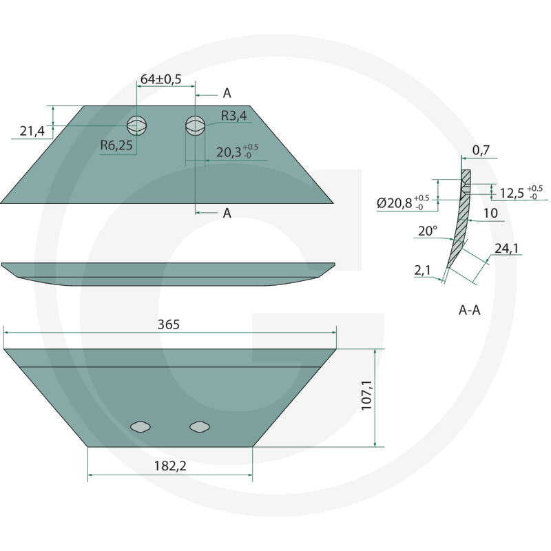 Granit Skimmer Share 56028 631112 tillage part with two mounting holes, shown in technical drawing