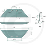 Granit Skimmer Share 56028 631112 tillage part with two mounting holes, shown in technical drawing
