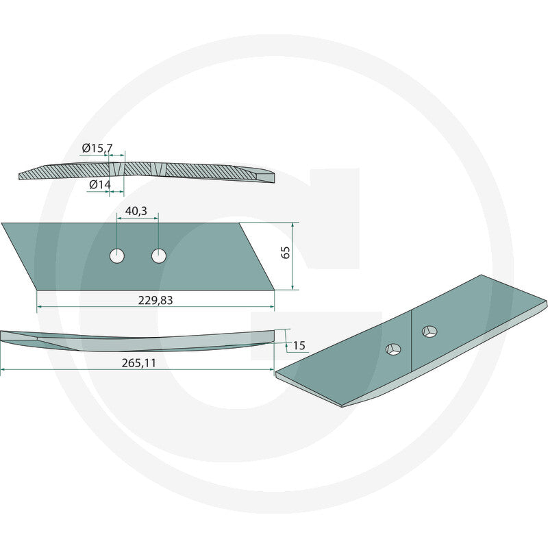 GRANIT Reversible Point 15mm tillage part; blue-gray steel with mounting holes and curved edge