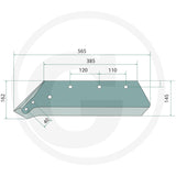 GRANIT reversible point share 10mm, 16in tillage part with mounting holes — technical drawing