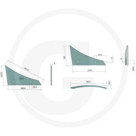 GRANIT mouldboard front part 56034 073250, tillage part in teal with technical drawing and dimensions