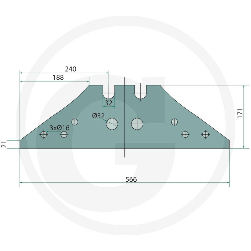 GRANIT landside tillage part - 56034 073608, teal technical drawing with mounting holes and notch details