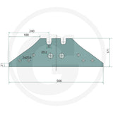 GRANIT landside tillage part - 56034 073608, teal technical drawing with mounting holes and notch details